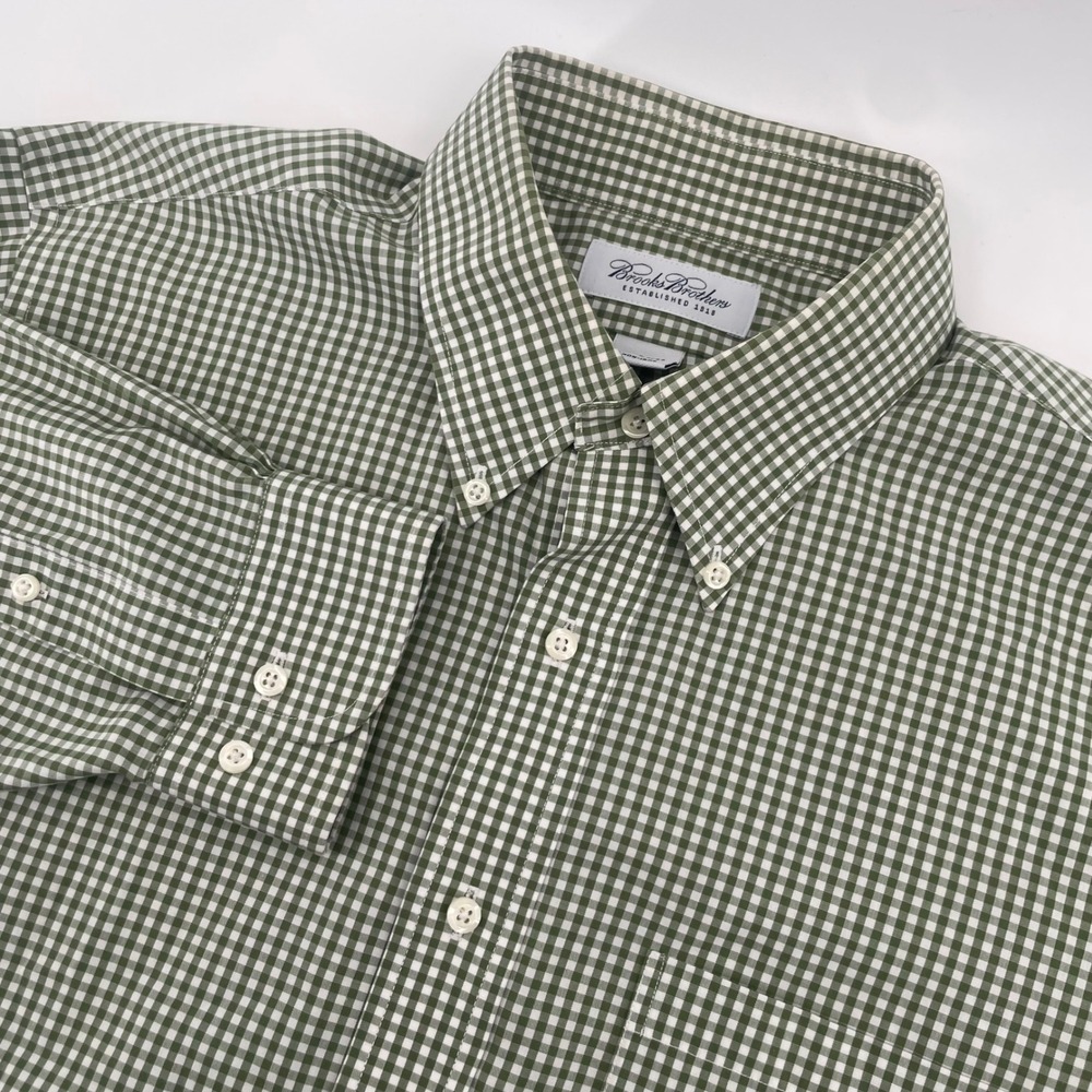 Brooks Brothers Shirt Mens 16.5 34/35 Green Gingham Non-Iron Cotton Button Down
